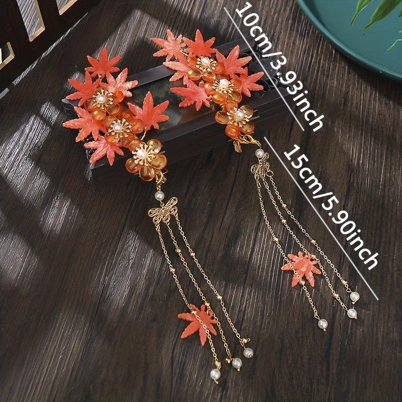 Ancient Style Flower Hair Clip With Tassel Maple Leaf Hair Accessories