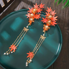 Ancient Style Flower Hair Clip With Tassel Maple Leaf Hair Accessories