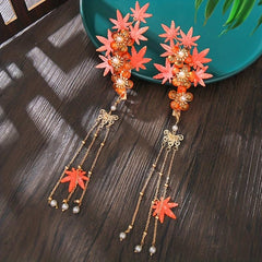 Ancient Style Flower Hair Clip With Tassel Maple Leaf Hair Accessories