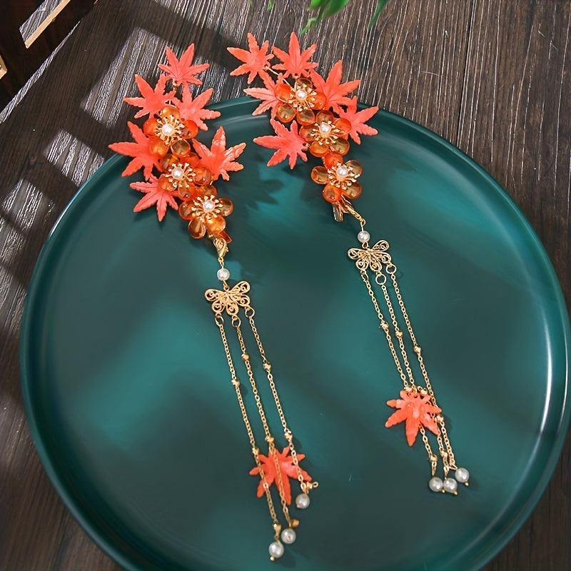 Ancient Style Flower Hair Clip With Tassel Maple Leaf Hair Accessories