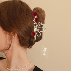 Red Rhinestone Flower Hairpin Clips for Women Ponytail Hair Accessories