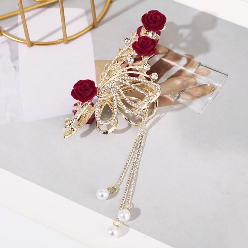 Red Rhinestone Flower Hairpin Clips for Women Ponytail Hair Accessories