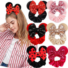 6pcs Mouse Ears Velvet Sparkle Sequin Bows Hair Scrunchies