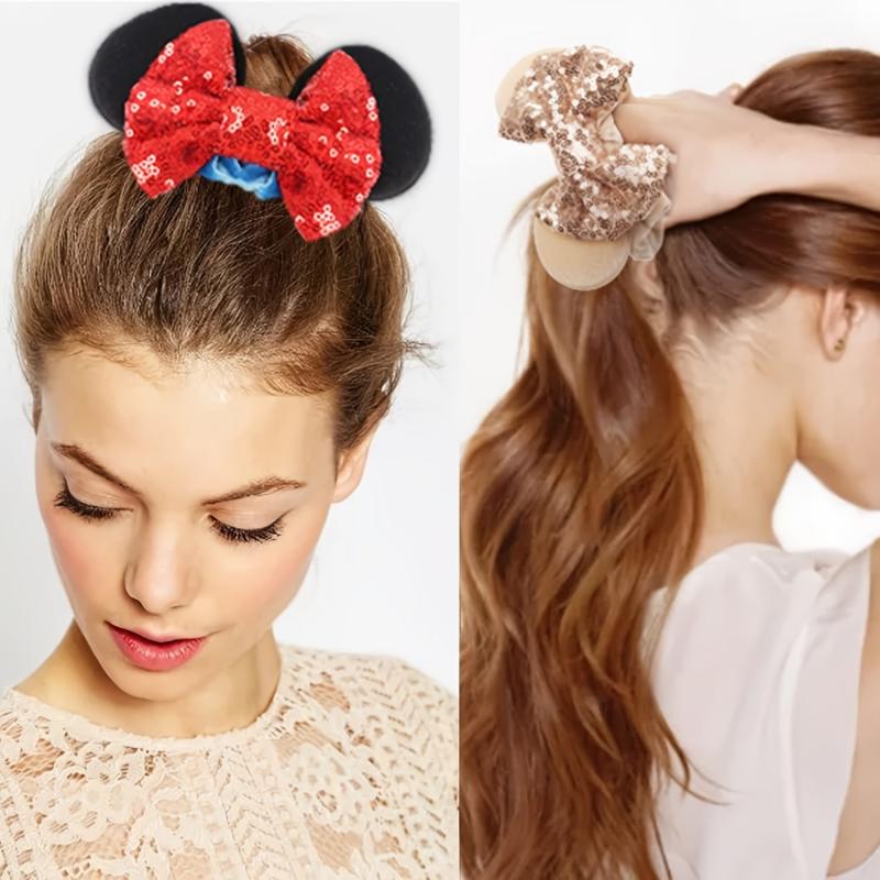 6pcs Mouse Ears Velvet Sparkle Sequin Bows Hair Scrunchies