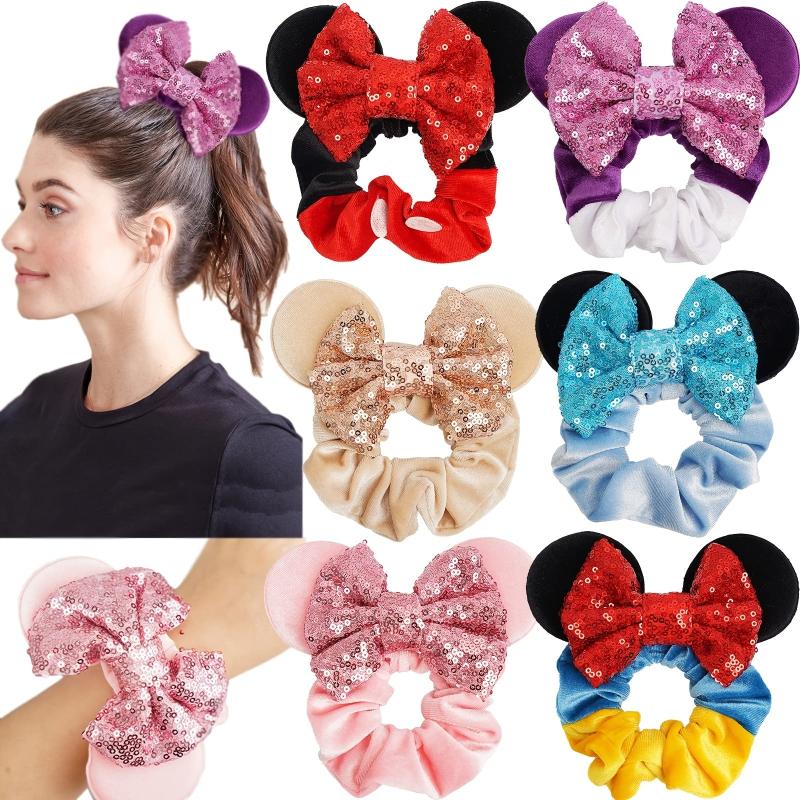 6pcs Mouse Ears Velvet Sparkle Sequin Bows Hair Scrunchies