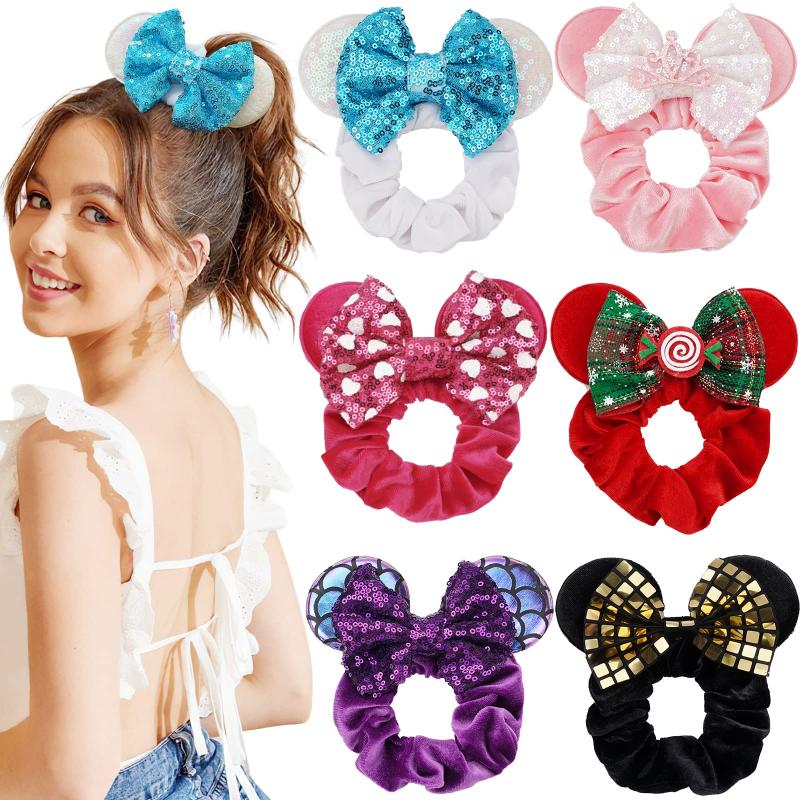 6pcs Mouse Ears Velvet Sparkle Sequin Bows Hair Scrunchies