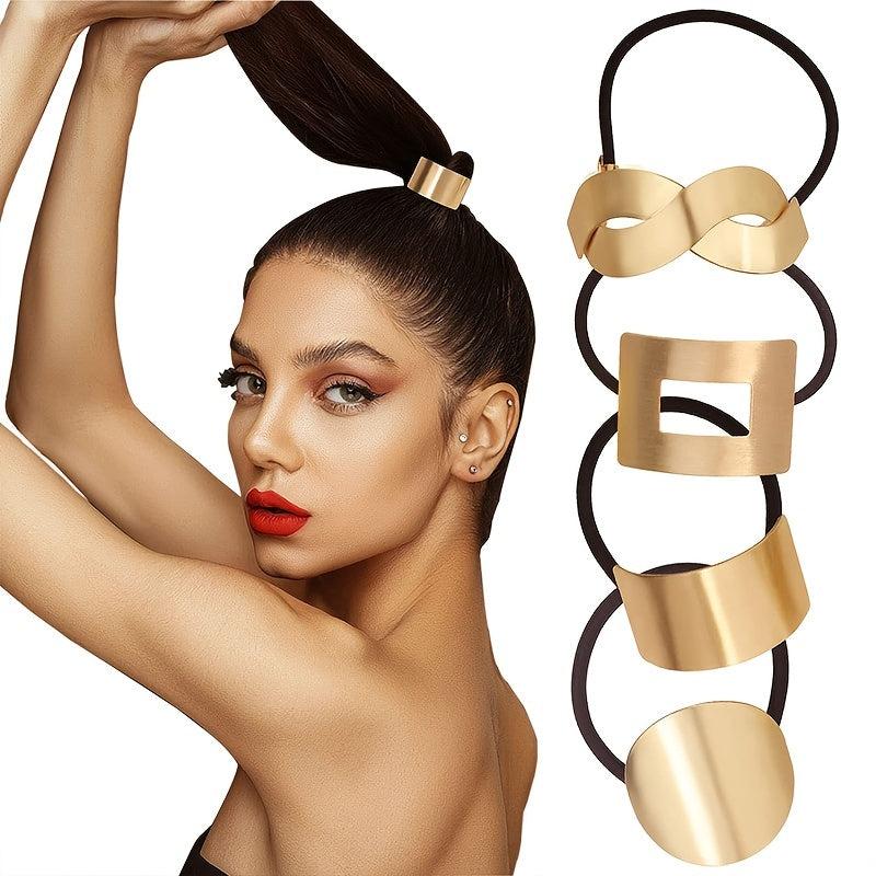 Metal Geometric Golden Hair Elastics Ties Woven Stretchy Rubber Bands