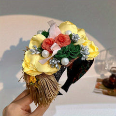 Boho Flower Headband With Tassel Wide Brim Headdress