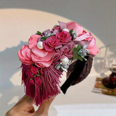 Boho Flower Headband With Tassel Wide Brim Headdress