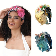 Boho Flower Headband With Tassel Wide Brim Headdress