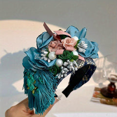 Boho Flower Headband With Tassel Wide Brim Headdress