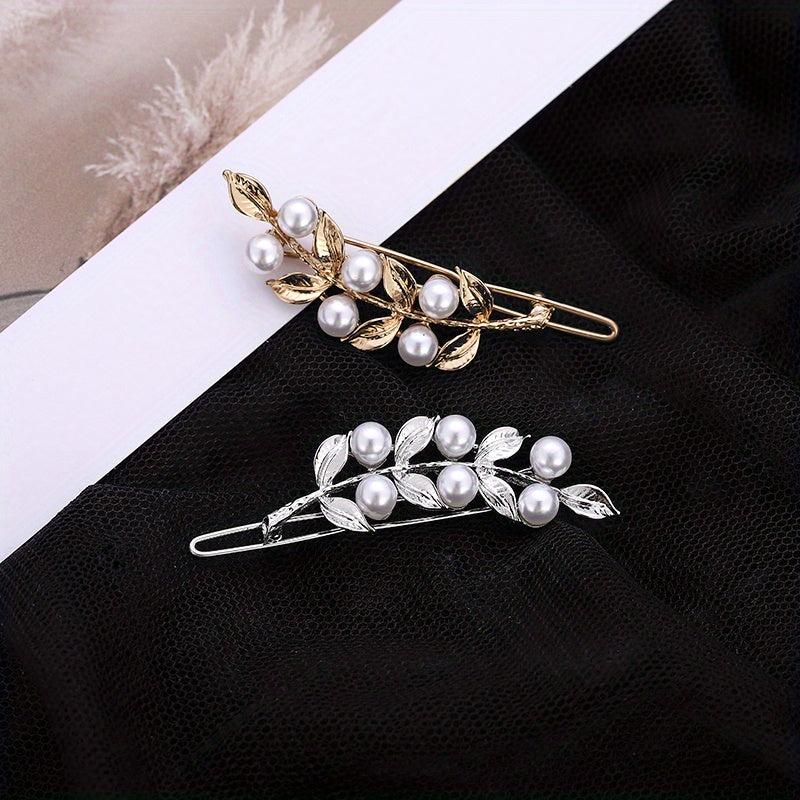 Alloy Hair Clip Golden Leaf Faux Pearl Headwear Bangs Clip