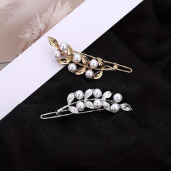 Alloy Hair Clip Golden Leaf Faux Pearl Headwear Bangs Clip