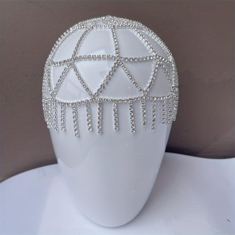 Rhinestone Tassel Cap Headpiece Glitter Head Chain Flapper Hair Cap