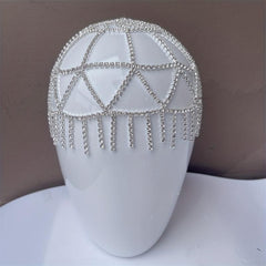 Rhinestone Tassel Cap Headpiece Glitter Head Chain Flapper Hair Cap