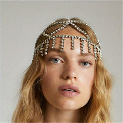 Rhinestone Tassel Cap Headpiece Glitter Head Chain Flapper Hair Cap