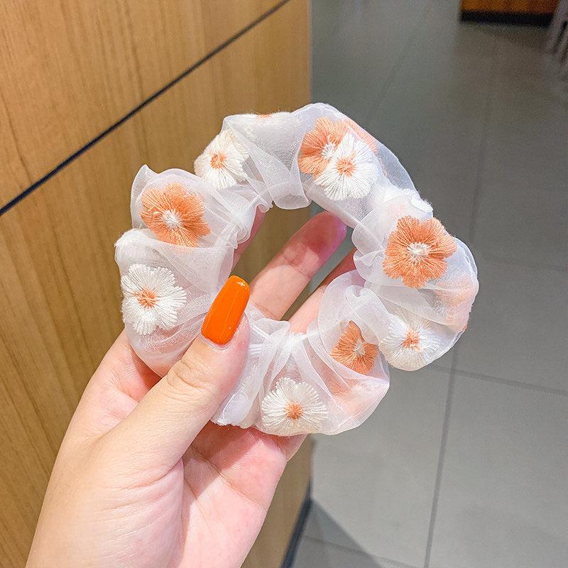 Organza Scrunchie Flower Decor Hair Tie for Women Girls