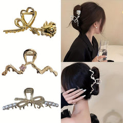 Wave Metal Hair Claw Faux Pearl Shark Claw Ponytail Holder Hair Accessories