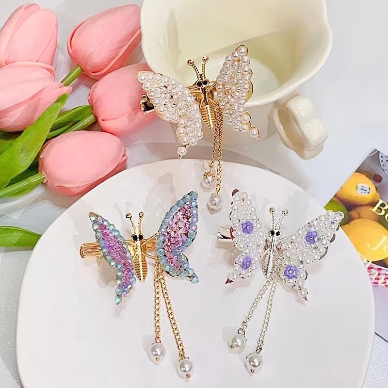Butterfly Tassel Hair Clip Rhinestone Pearl French Barrette Headwear