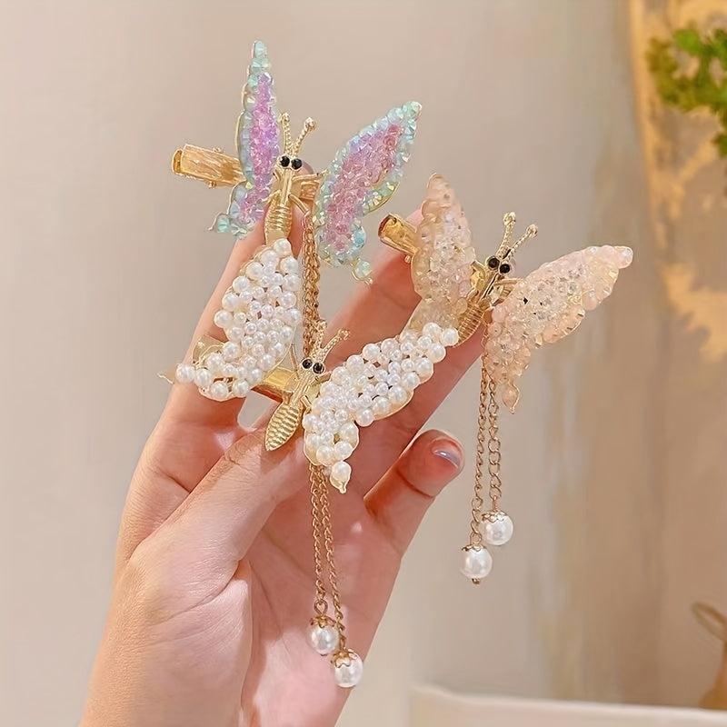 Butterfly Tassel Hair Clip Rhinestone Pearl French Barrette Headwear