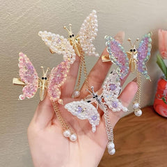 Butterfly Tassel Hair Clip Rhinestone Pearl French Barrette Headwear