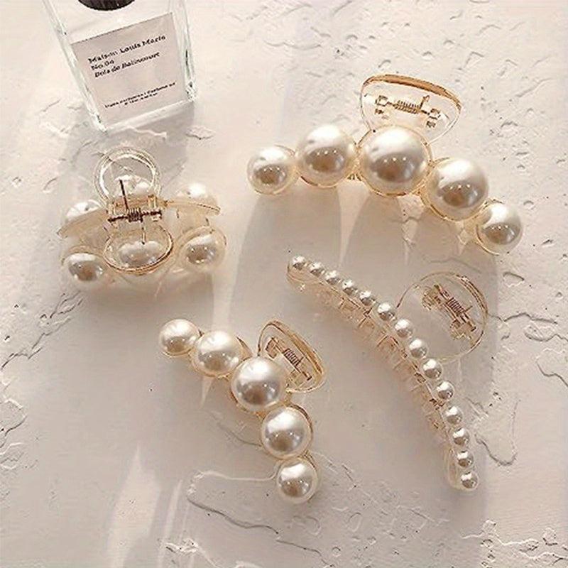 4pcs Faux Pearl Hair Claw Small Large Nonslip Shark Claw For Ponytail Holder
