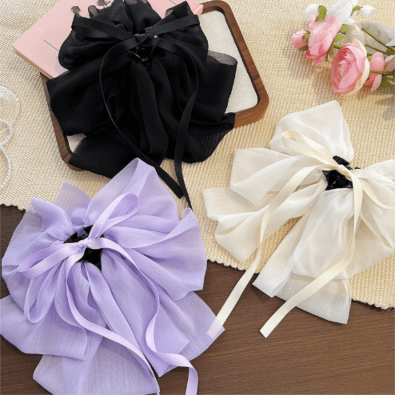 3pcs Mesh Large Bow Hair Claw Ponytail Holder