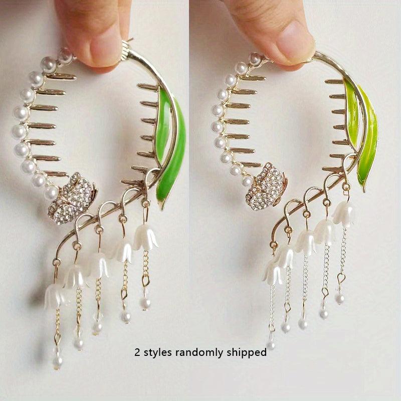 Camellia Flower Pearl Hair Claw Clip Tassel Ponytail Holder
