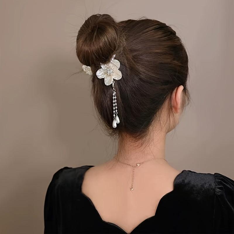 Camellia Flower Pearl Hair Claw Clip Tassel Ponytail Holder