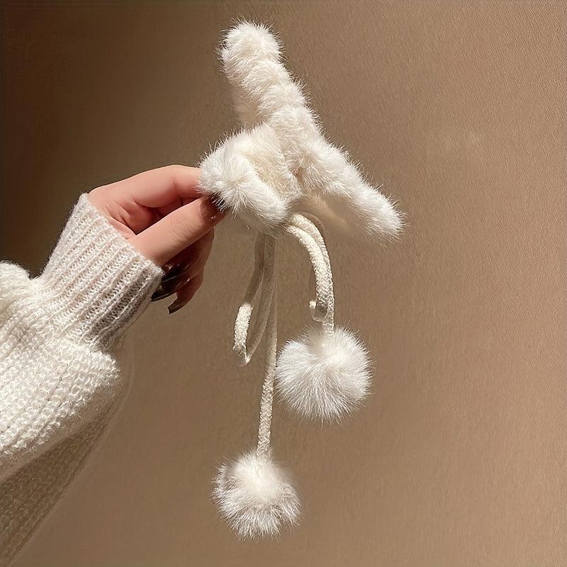 Plush Hair Claw With Fluffy Ball Tassel Ponytail Holder