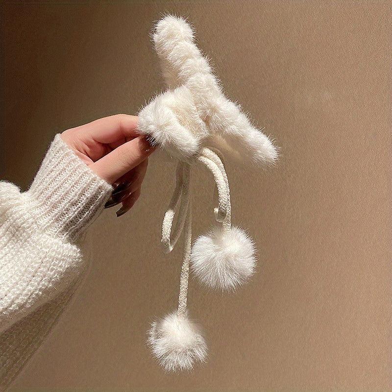 Plush Hair Claw With Fluffy Ball Tassel Ponytail Holder