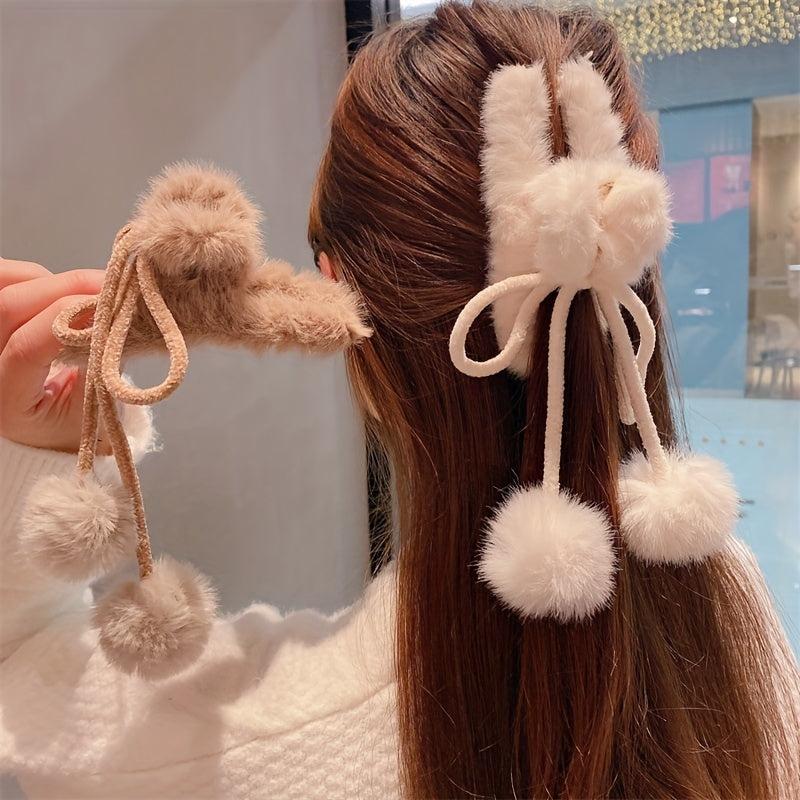 Plush Hair Claw With Fluffy Ball Tassel Ponytail Holder