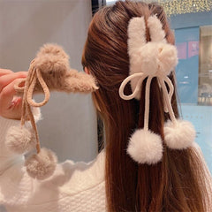Plush Hair Claw With Fluffy Ball Tassel Ponytail Holder