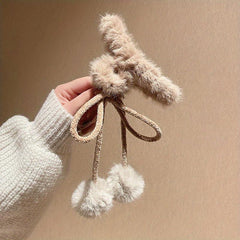 Plush Hair Claw With Fluffy Ball Tassel Ponytail Holder