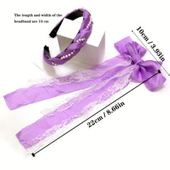 2pcs Purple Hair Band Bow Clip Set Lace Decor Barrette