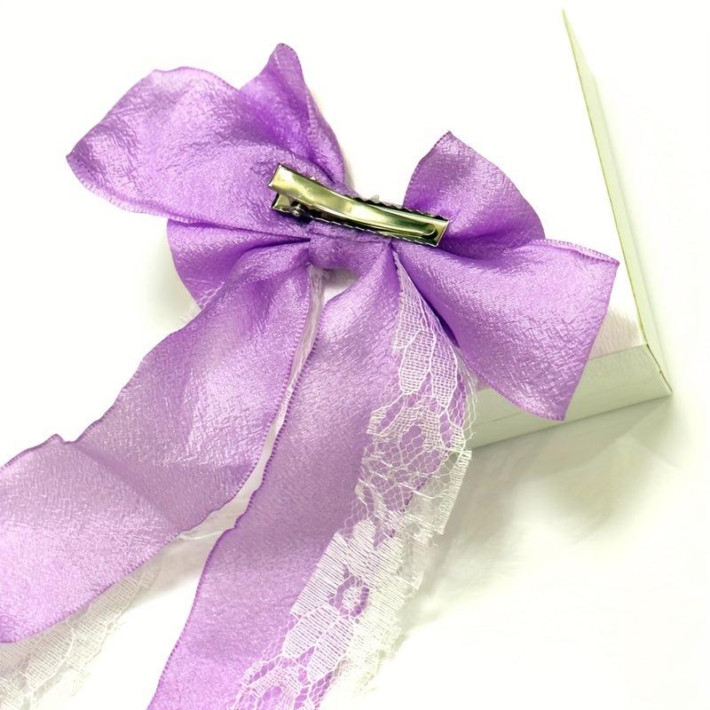 2pcs Purple Hair Band Bow Clip Set Lace Decor Barrette