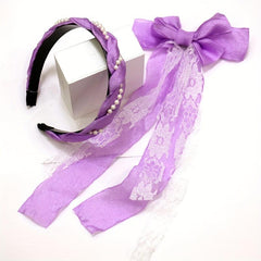 2pcs Purple Hair Band Bow Clip Set Lace Decor Barrette