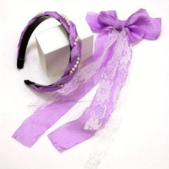 2pcs Purple Hair Band Bow Clip Set Lace Decor Barrette