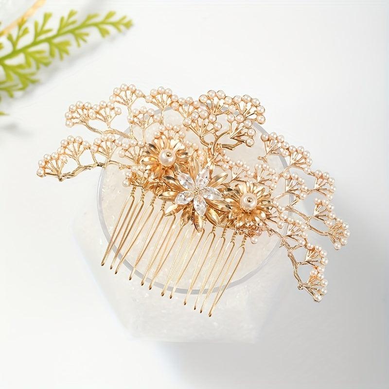 Alloy Leaf Pearl Hair Comb Crystal Inlaid Bridal Insert Comb