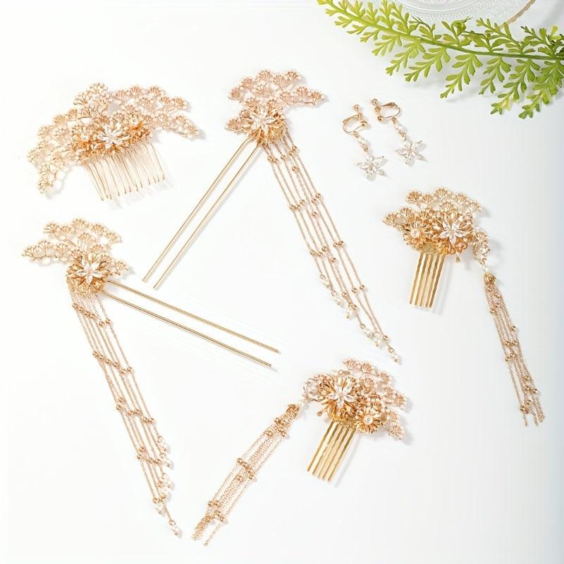 Alloy Leaf Pearl Hair Comb Crystal Inlaid Bridal Insert Comb