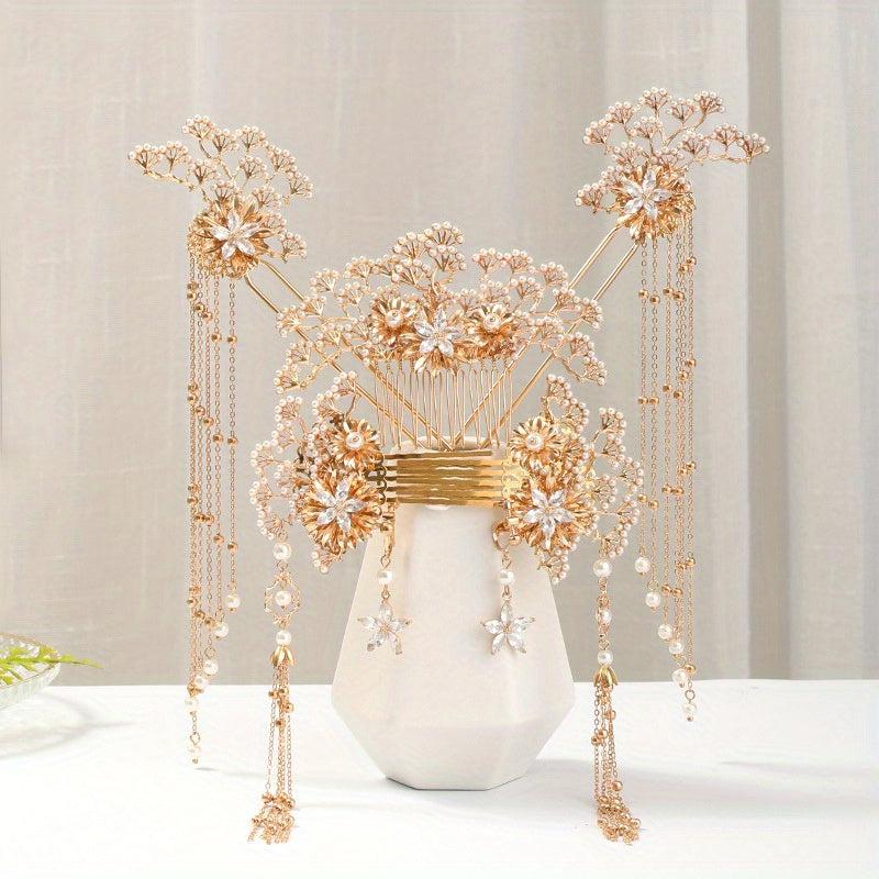 Alloy Leaf Pearl Hair Comb Crystal Inlaid Bridal Insert Comb