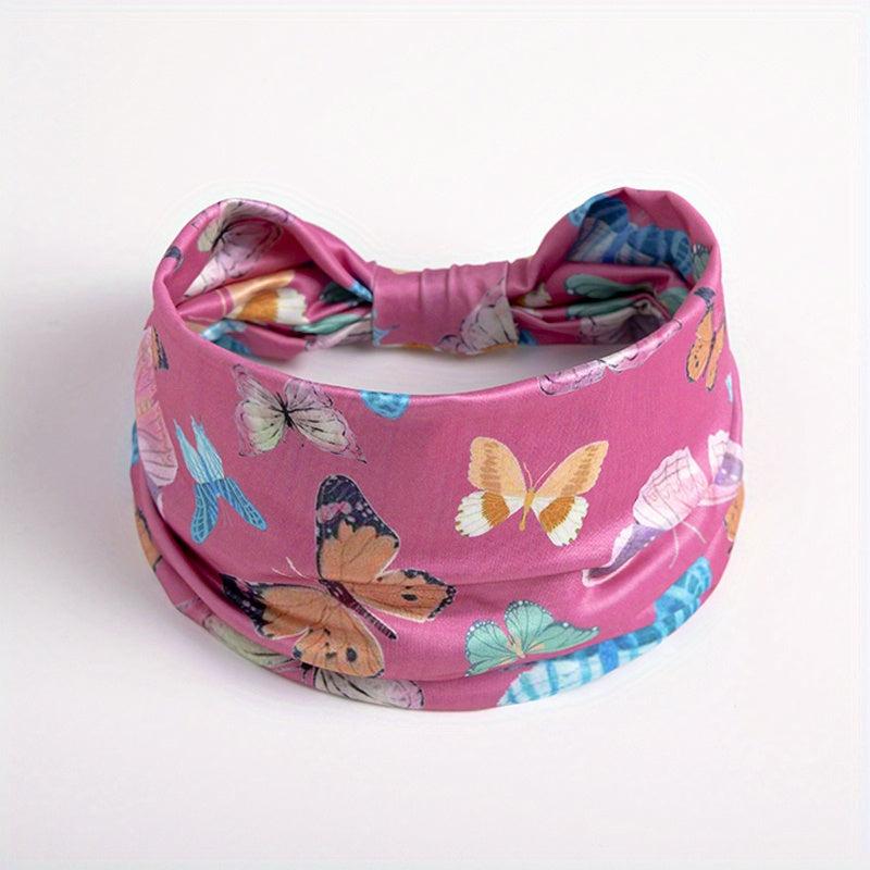 Y2K Butterfly Print Headband Wide Brim Elastic Knotted Hair Accessory