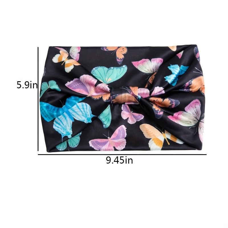 Y2K Butterfly Print Headband Wide Brim Elastic Knotted Hair Accessory