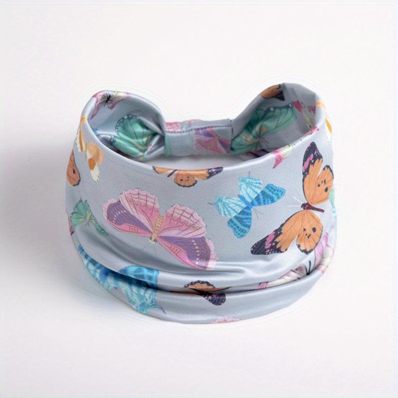 Y2K Butterfly Print Headband Wide Brim Elastic Knotted Hair Accessory