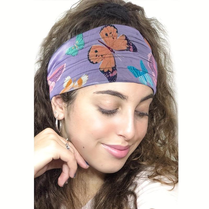 Y2K Butterfly Print Headband Wide Brim Elastic Knotted Hair Accessory