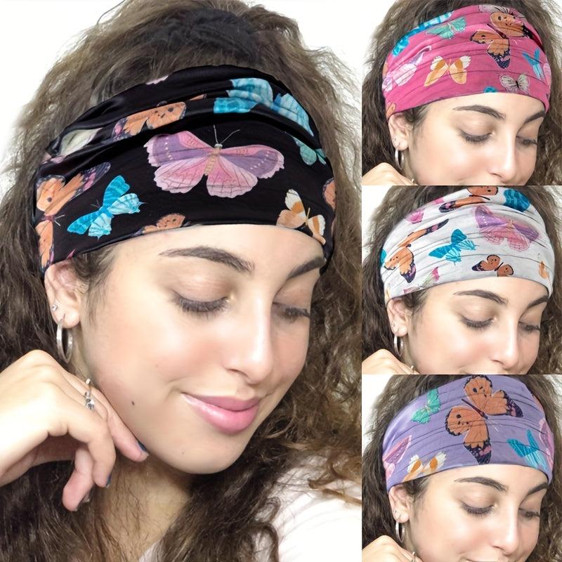 Y2K Butterfly Print Headband Wide Brim Elastic Knotted Hair Accessory