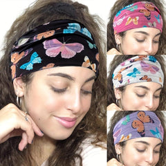 Y2K Butterfly Print Headband Wide Brim Elastic Knotted Hair Accessory