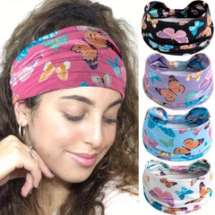 Y2K Butterfly Print Headband Wide Brim Elastic Knotted Hair Accessory