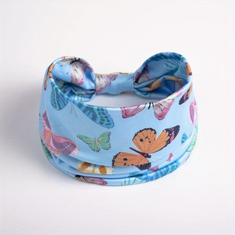 Y2K Butterfly Print Headband Wide Brim Elastic Knotted Hair Accessory