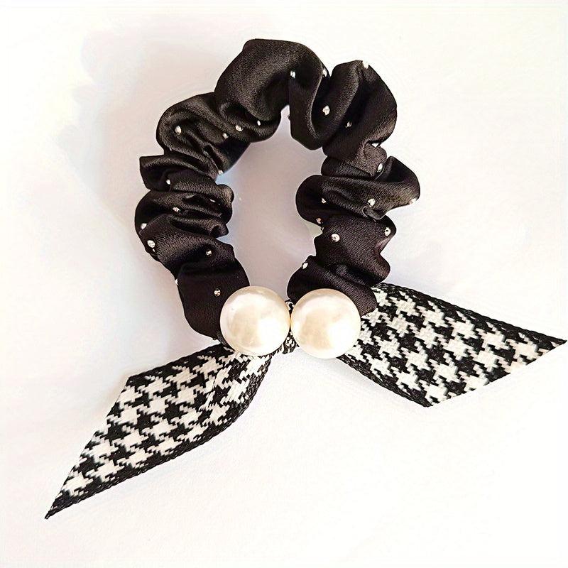 Houndstooth Bow Scrunchies Pearl Hair Rope Ponytail Holder Hair Accessories